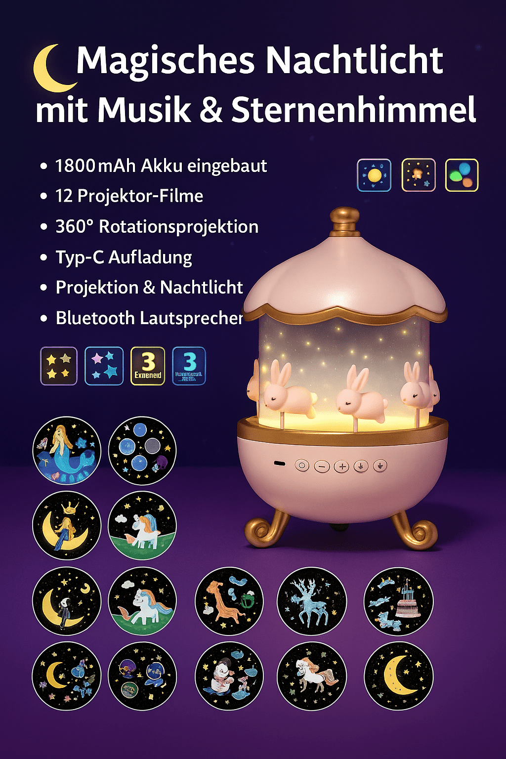 🌙 DREMO™ – Magischer Sternenprojektor mit Musik & 360° Rotation für Kinderträume - Earplugs Prime
